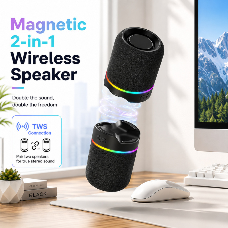 Cross-border magnetic Bluetooth speaker with heavy bass, suitable for outdoor, car, home, and desktop use, detachable 2-in-1 mini speaker Cross-border magnetic Bluetooth speaker with heavy bass, suitable for outdoor, car, home, and desktop use, detachable 2-in-1 mini speaker