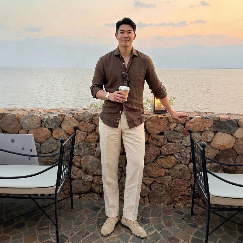 Brown Old Money Style Outfit: Men's Linen Suit with a Relaxed and Casual Feel, Long-Sleeve Sun Protection Shirt, Straight-Leg Casual Pants