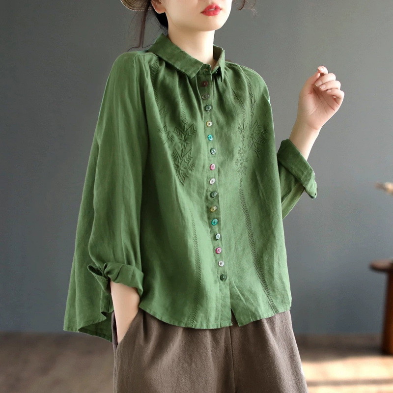2025 Spring and Autumn Korean Style Loose plus size Slim Embroidered Western Style Fashionable Cotton and Linen Long Sleeve Shirt for Women