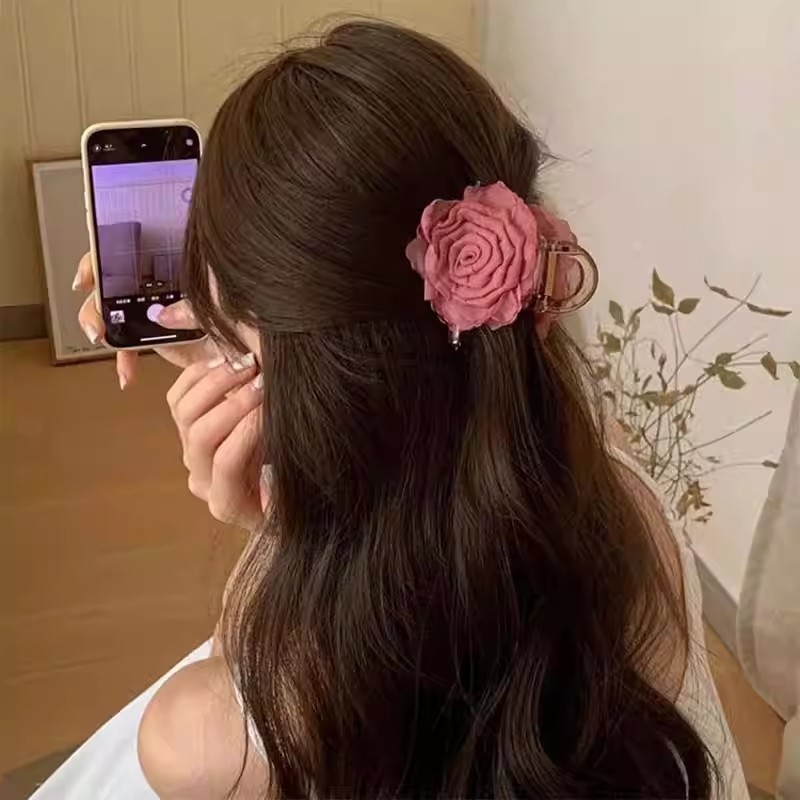 干枯玫瑰花朵抓夹女2025新款高级感发夹气质鲨鱼夹半扎发夹子发饰|undefined