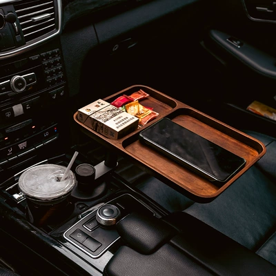 Multifunctional rotating floating bar table for car, car center console installation, expandable storage rack for eating and drinking tea (Car table board) - solid-wood
