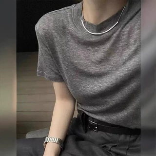 新款时尚简约薄款天丝羊毛面膜短袖T恤女宽松显瘦圆领针织半袖衫