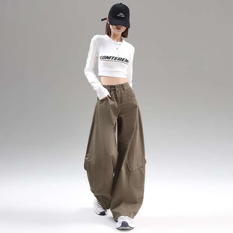 设计感美式绿色辣妹弯刀裤百搭显瘦多口袋阔腿工装休闲裤长裤代发|undefined