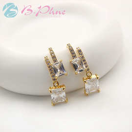 贝菲欧美鎏光方糖耳环假两件法式轻奢高级感耳钉锆石耳坠耳饰