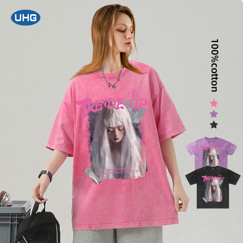 UHG Summer New Arrival Oversized Women's T-shirt with Beauty Portrait Print, Loose Fit, Plus Size, Retro Style, Made from 100% Cotton and Washed for Softness