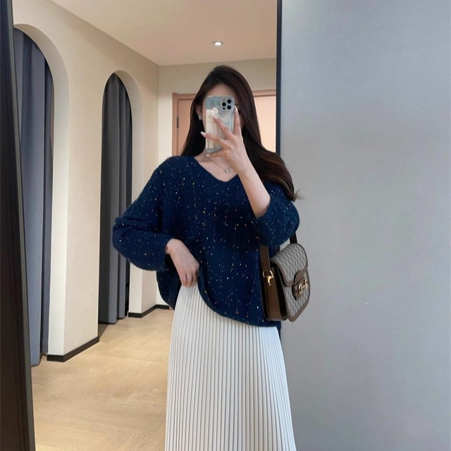 GC924温柔氛围感彩色线球亮片长袖针织衫显瘦V领毛衣女2025秋冬|undefined
