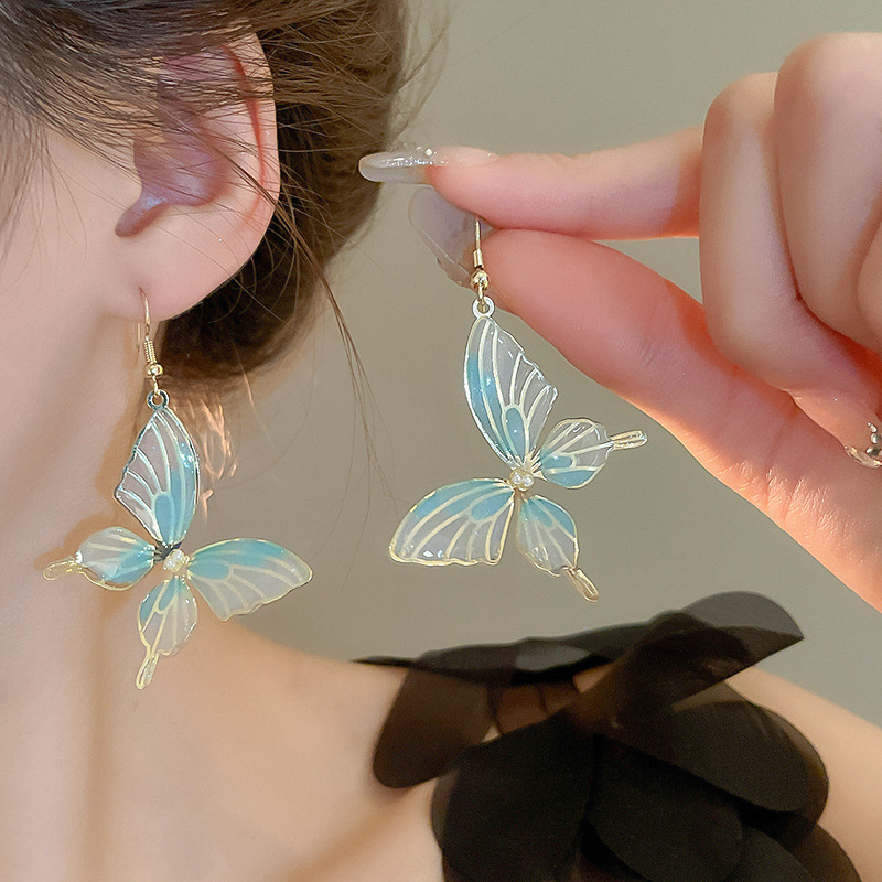 Aguja de plata, estilo de vacaciones azul, pendientes de lazo de flores suaves, pendientes de moda fresca, pendientes de ambiente dulce