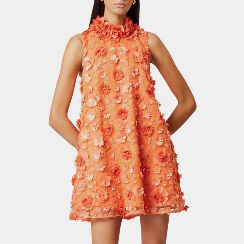 summer three dimensional short dress with a round collar sleevless