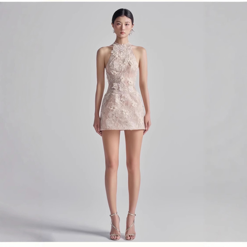 2026 Spring/Summer Halter Neck Lace Embroidery 3D Butterfly Beaded Short Dress