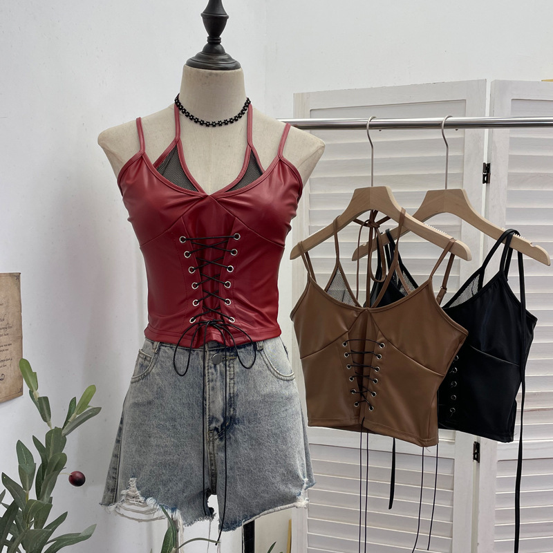 Real Shot of Motorcycle Punk Pu Leather Splicing Fishnet Halterneck Camisole Sexy Rope Slim Short Top 8106