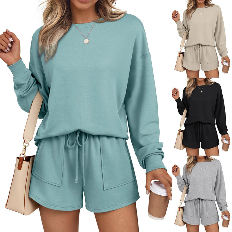 2025 Autumn New Amazon European and American Clothing Round Neck Long Sleeve Shorts Fashion Casual Two-Piece Sweatshirt Suit