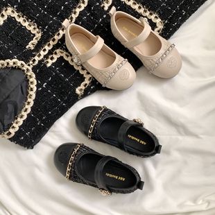 Girl's Leather Shoes 2025 Spring New Baby Girl Chanel Style Woven Princess Shoes Children's Pearl Fashion Flat Shoes