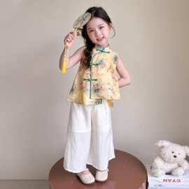 女童夏款新中式盘扣无袖套装2026夏季新款儿童中国风背心两件套装