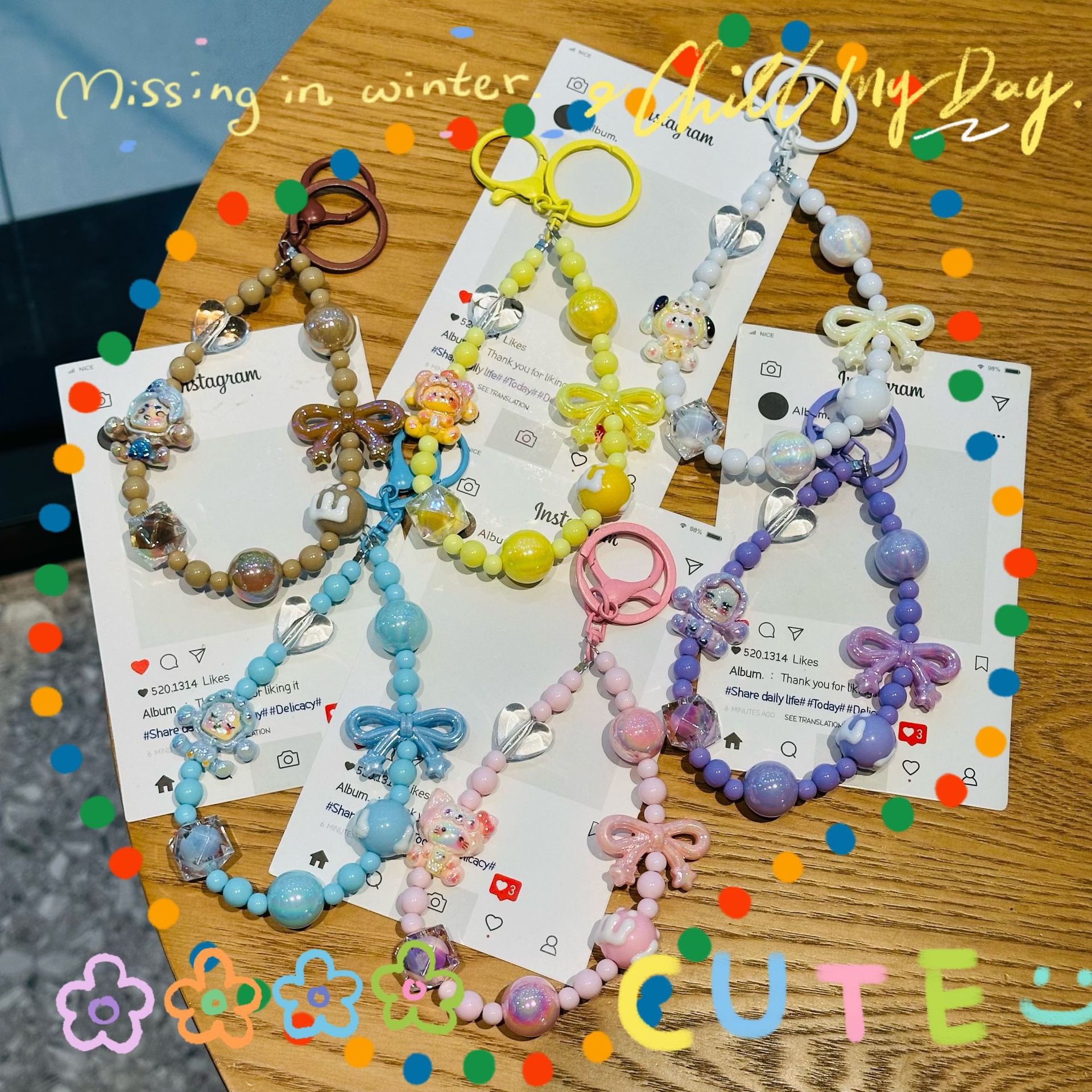 New Sanrio Keychain Pendant Cartoon Bead Mobile Phone Chain Bag Keychain Pendant Xiaohongshu Live Broadcast Model