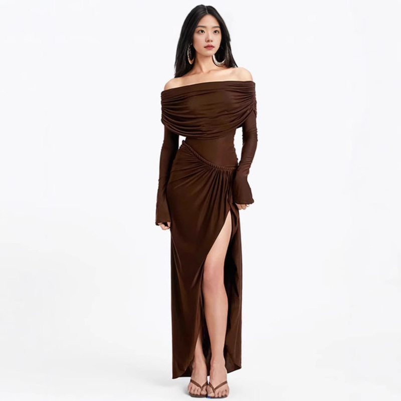 European and American Export Fashion Elegant Sexy Elegant Lv Women's Pure Color One-Shoulder Pleated Slit Long Lv Dress