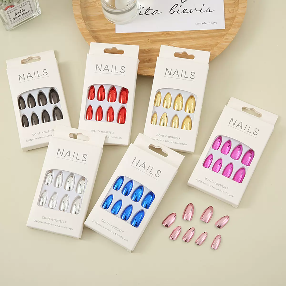 欧美款电镀穿戴甲假指甲成品批发尖头纯色穿戴美甲批发