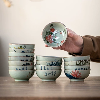 哥窑釉下彩手绘茶杯 功夫茶具品茗杯子 陶瓷可养开片主人杯110ML