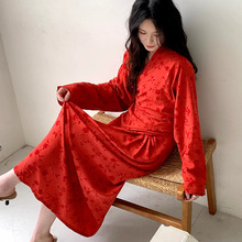 花卉度假睡裙女春夏季裹系长至脚踝睡衣甜美棉绸新中式国风连衣裙