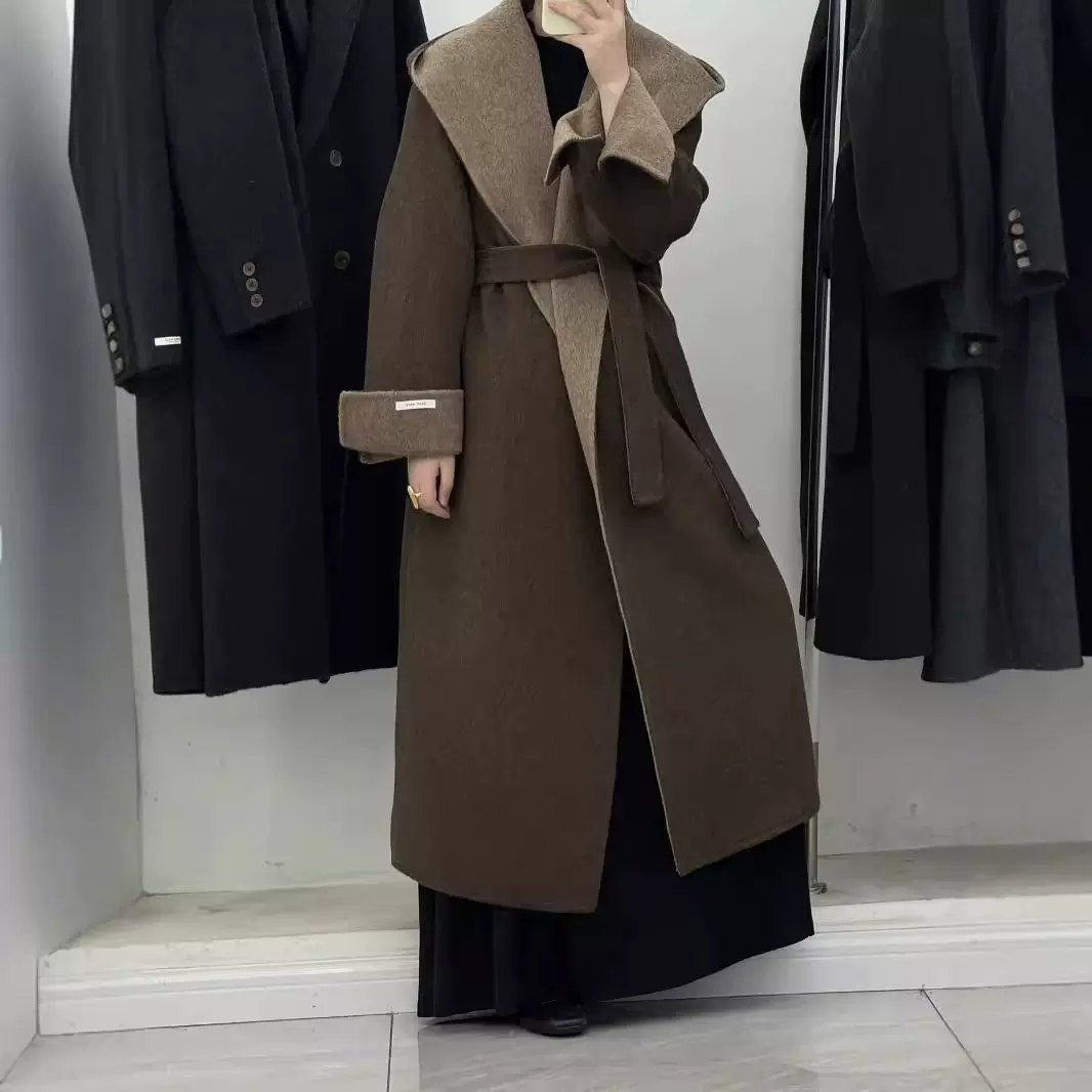 新款2024秋冬加长款撞色宽松韩系毛呢外套连帽双面呢羊毛大衣女