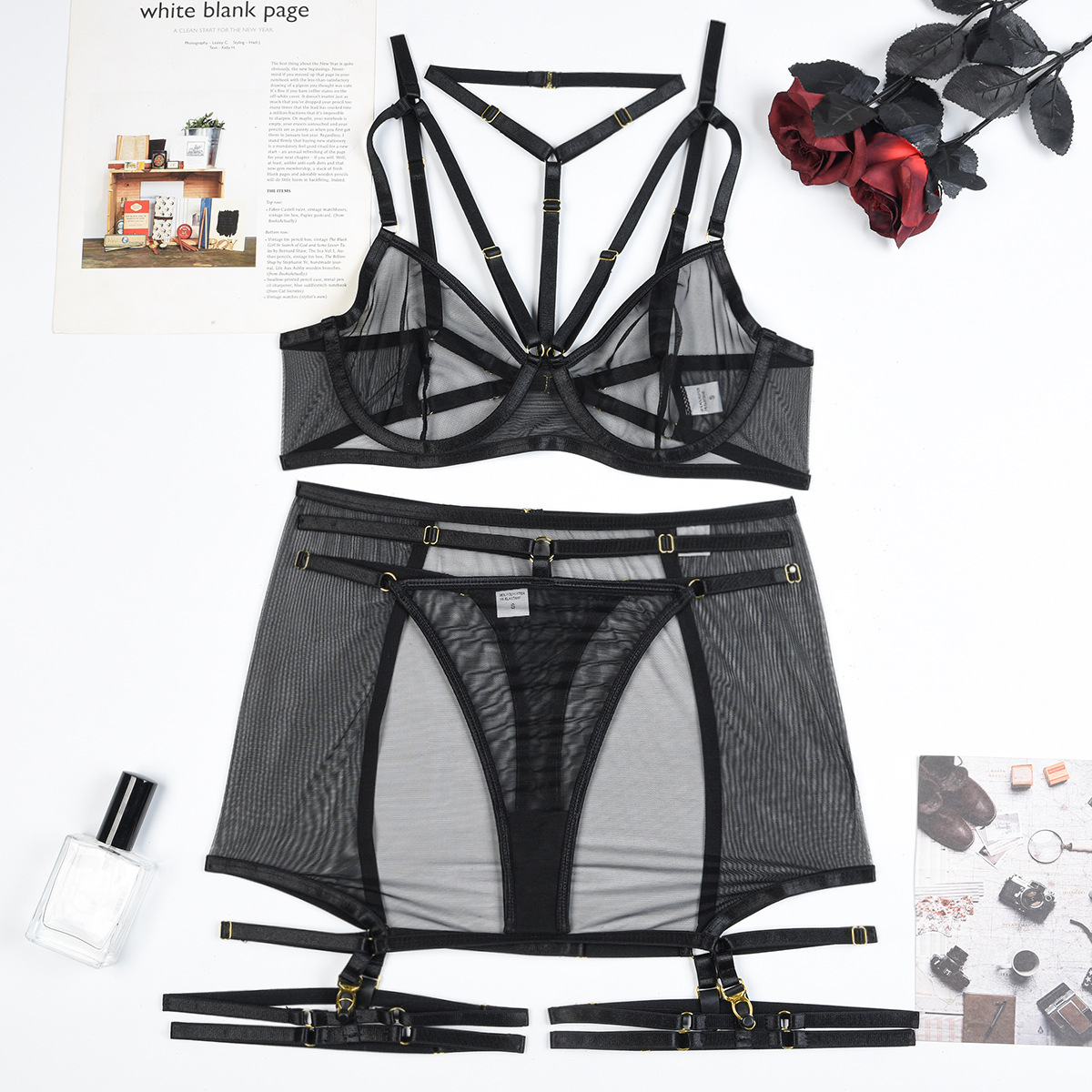 Black Color Sheer Skirted Three Piece Lingerie Set