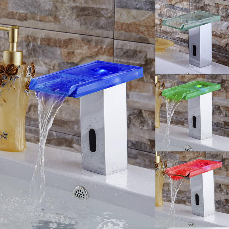 Cross-Border Copper Led Color-Changing Fully Automatic Basin Waterfall Glass Sensor Faucet Smart Hot and Cold Water Hand Washer
