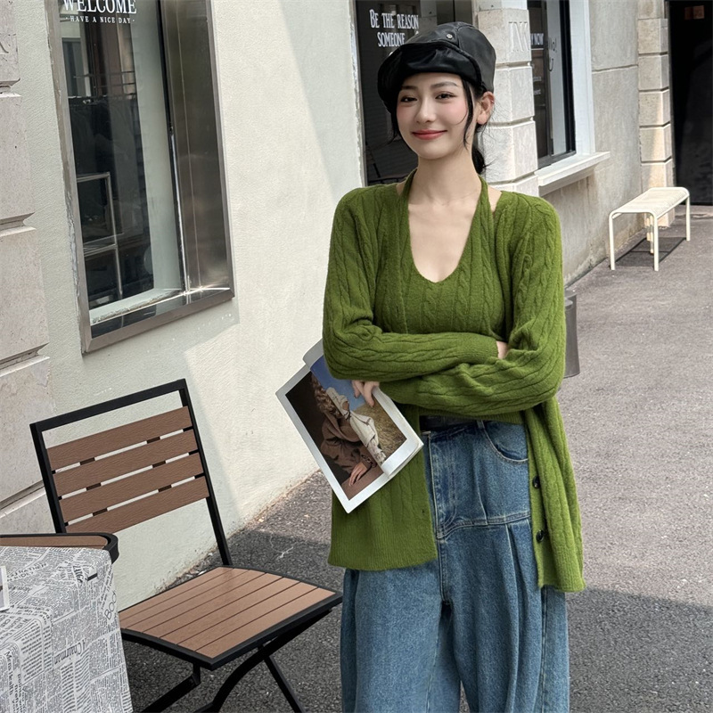 韩版麻花针织两件套女秋冬新款圆领吊带背心配中长款毛衣开衫外套|undefined