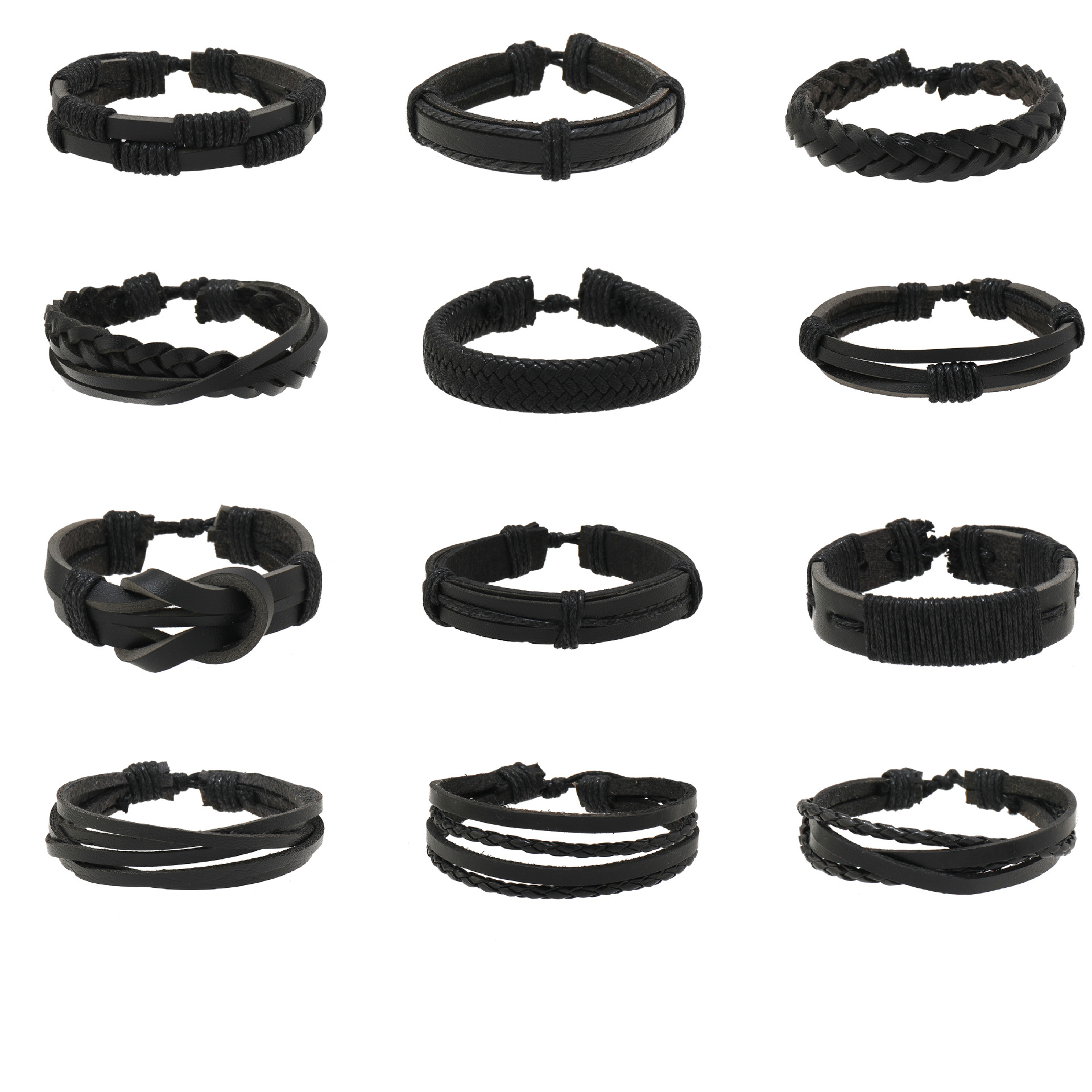 欧美跨境饰品热销潮流个性男士手饰黑色真牛皮编织手链多根批发