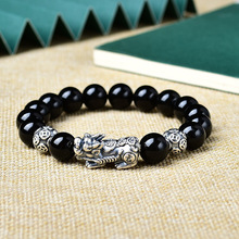 包邮中国民族风做旧足银貔貅手串男金钱币天然黑曜石手链男士