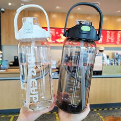 Wholesale straw direct drinking double straw cup water bottle sipper fitness sports water bottle large capacity transparent cup with handle