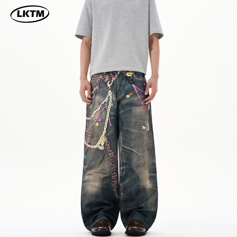 Lktm Men's Clothing American Retro Candy Chain 3D Illusion Print Jeans Unisex Loose Slimming Straight Pants