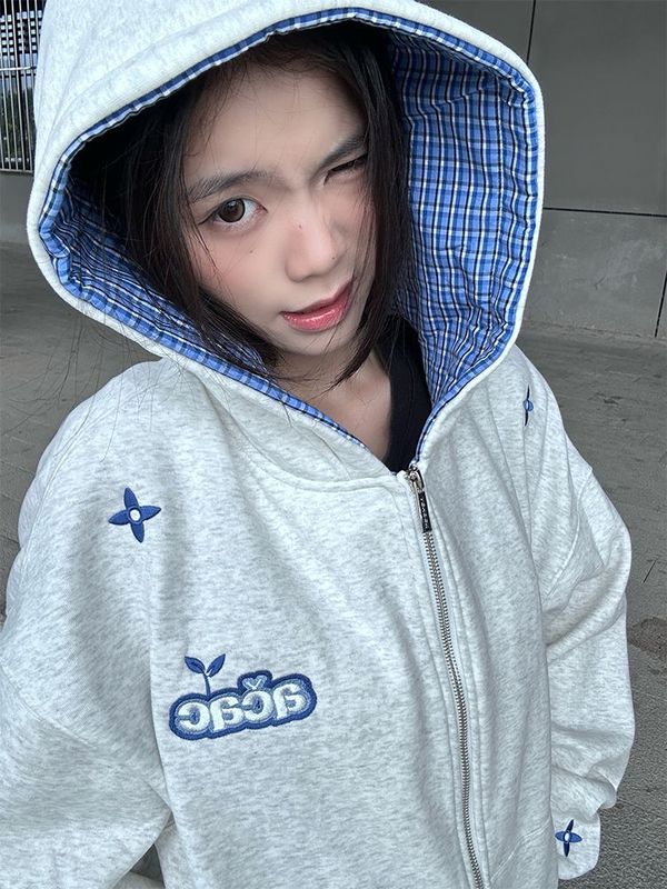 美式街头字母刺绣拼接连帽卫衣女2025秋季新款宽松学院风慵懒上衣|undefined
