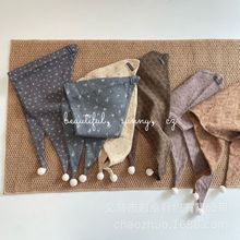 棉麻碎花多用围巾儿童手工钩针球球小披肩三角巾