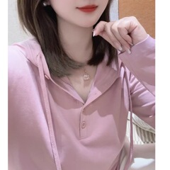春秋季长袖连帽卫衣洋气时尚休闲百搭显瘦薄款纯色带帽恤极简风