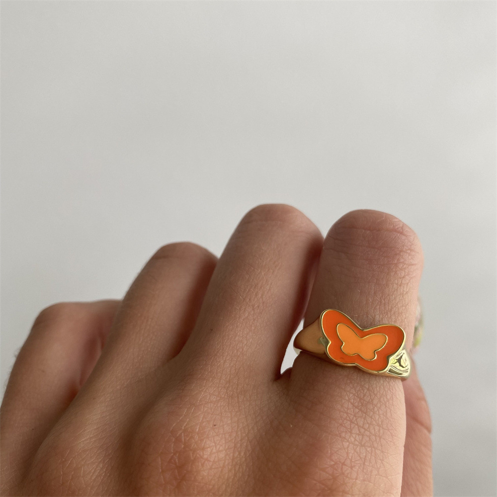 European And American Fashion Butterfly Drop Oil Ring Copper Plating 18k Real Gold Ring Ins Style Retro Dark And Light Two-color Jewelry display picture 2