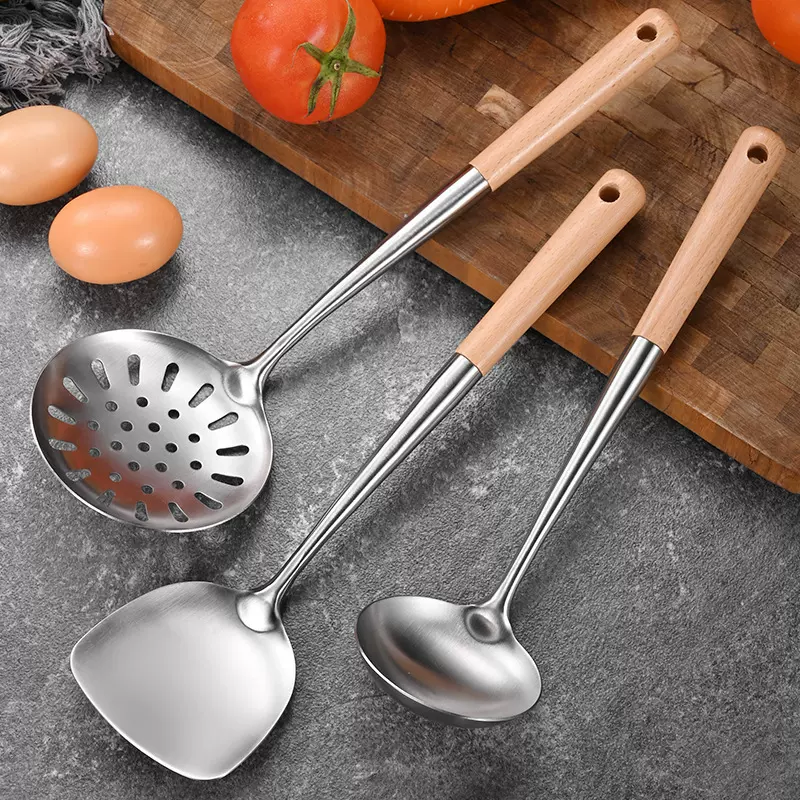 304不锈钢锅铲加厚厨具套装炒菜勺家用厨房烹饪榉木柄汤漏勺煎铲