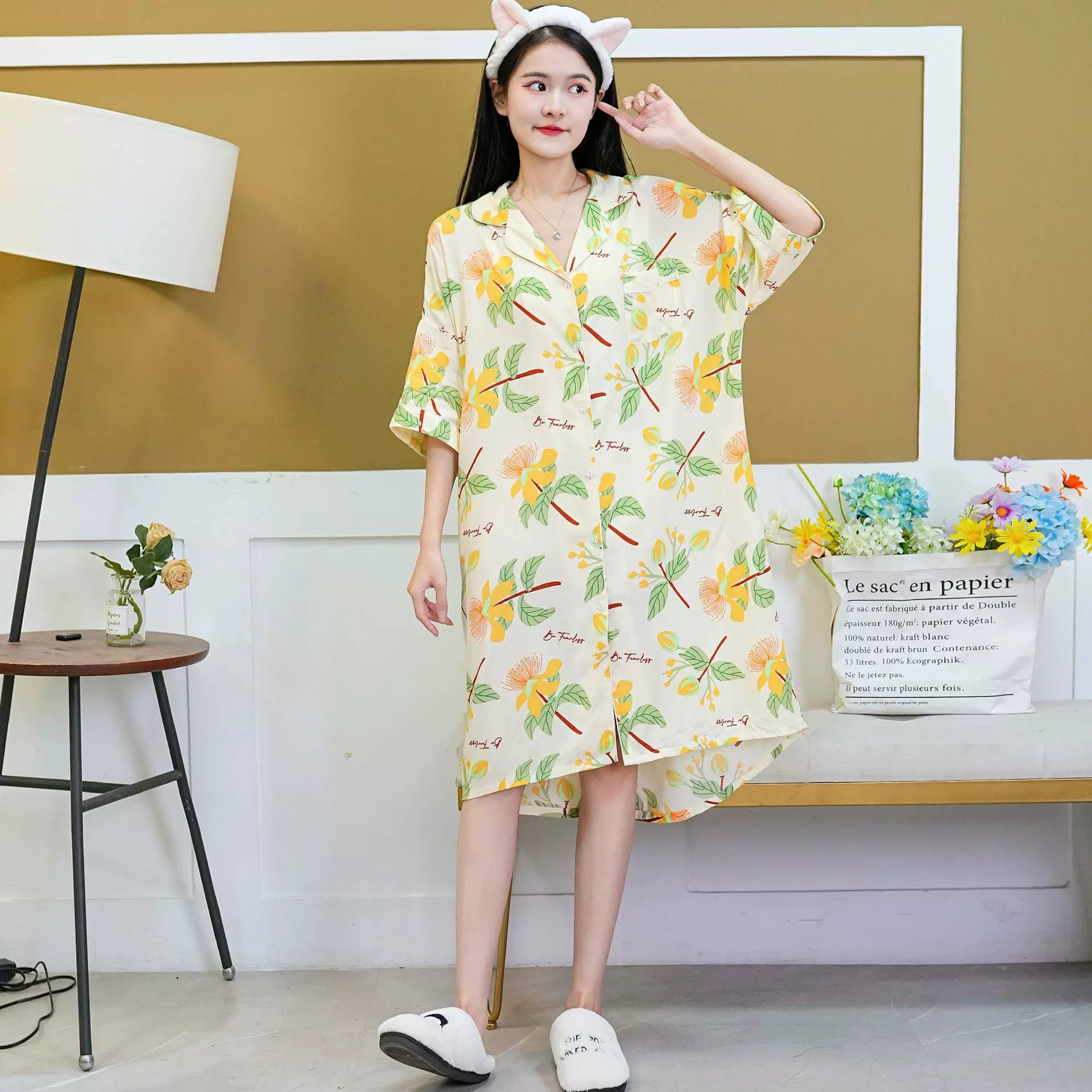 新款棉绸睡衣女 春夏季韩版大码长款睡衣裙 开衫五分袖翻领家居服