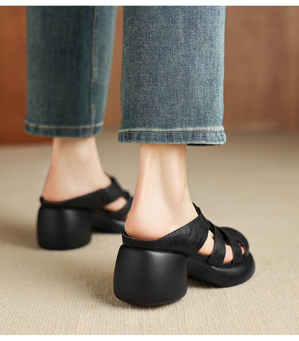 Sandal cao gót nữ mũi hở phong cách La Mã đế dày 6 cm — đen chi tiết 15