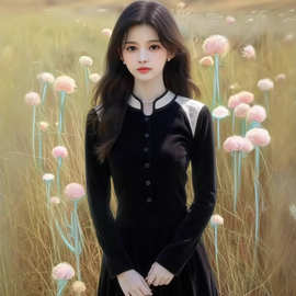 2024秋冬季新中式女装黑色撞色蕾丝拼接丝绒旗袍裙显瘦国风连衣裙