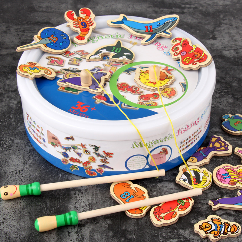 Bebé niños y niñas niños pequeños traje de pesca magnética agua jugando rompecabezas de madera pesca bloques de construcción juguete imán gancho de pescado
