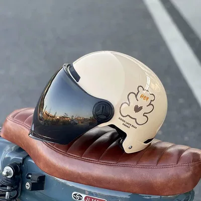 half helmet, motorcycle safety helmet, Motosiklet kaskı (dəbilqə) - brown-bear-off-white-tea-colored-sunscreen-long-lenses-3c-certified-rainproof-one-size-fits-all-unisex-head-circumference-53-60cm