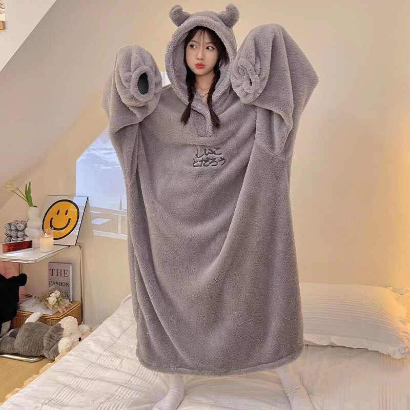 Coral fleece nightgown winter women's pajamas thickened one-piece men's and women's same home wear loose oversized nightgown cross-border