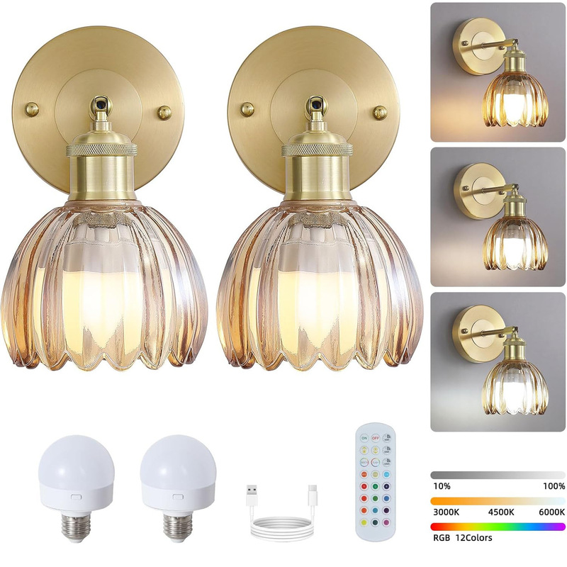 Rechargeable wall lamp retro brass glass simple bedroom bedside aisle lamp colorful remote control atmosphere background wall lamps Rechargeable wall lamp retro brass glass simple bedroom bedside aisle lamp colorful remote control atmosphere background wall lamps