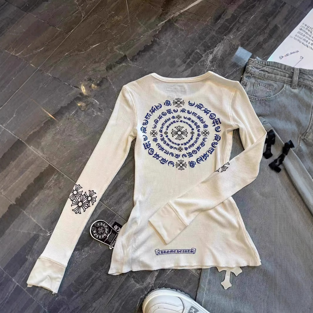 [와플] 핫 걸 스타일 크로스 프린트 크루 넥 긴소매 티셔츠 여성 슬림 다재다능베이스 셔츠