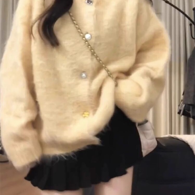 Women's Autumn Suit Sweet Milk Yellow ~ Gentle Style Soft Waxy Mink Velvet Knitted Cardigan Autumn and Winter Women's Clothing