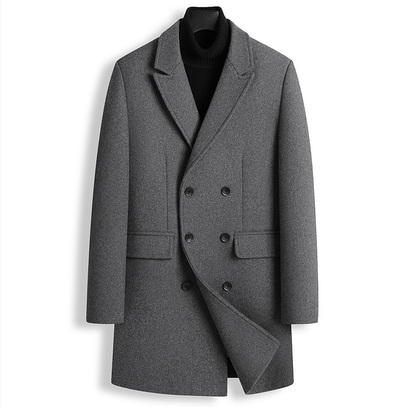 Cross-Border Men's woolen overcoat men's long over-the-knee Korean-style double-breasted cashmere trench coat winter thickened solid color overcoat