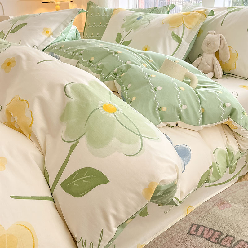 Juego de cuatro piezas de algodón fresco, juego de tres piezas de algodón, funda de edredón gruesa para el hogar, sábana de dormitorio, lijado, cama individual para estudiantes