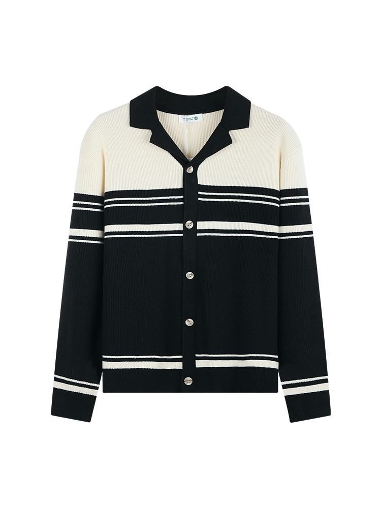 Hombres coreanos cuello cubano color contrastante botón de manga larga suéter de punto para hombre perezoso cardigán rayado chaqueta chaqueta para hombre