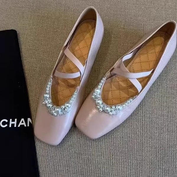 양가죽 버전 ~ 프렌치 아티스틱 펄 메리제인 여성 크로스 스트랩 플랫 슈즈 슬립온 슈즈