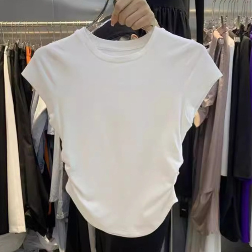Ins sluts pure desire waist-cinching t-shirt short-sleeve women's summer solid color base crew neck top women's fashion