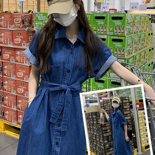 法式牛仔连衣裙女夏季薄款2026新款韩系收腰显瘦中长款短袖衬衫裙